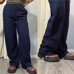 Zara Women Navy Blue Wide Leg Drawstring Elastic Waist Loose Fit Pants Size S